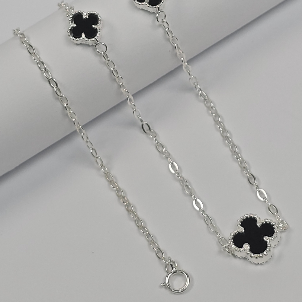 Van Cleef Insp. 5 Clover Onyx Necklace Large Center Flower 925 Silver 50-55cm